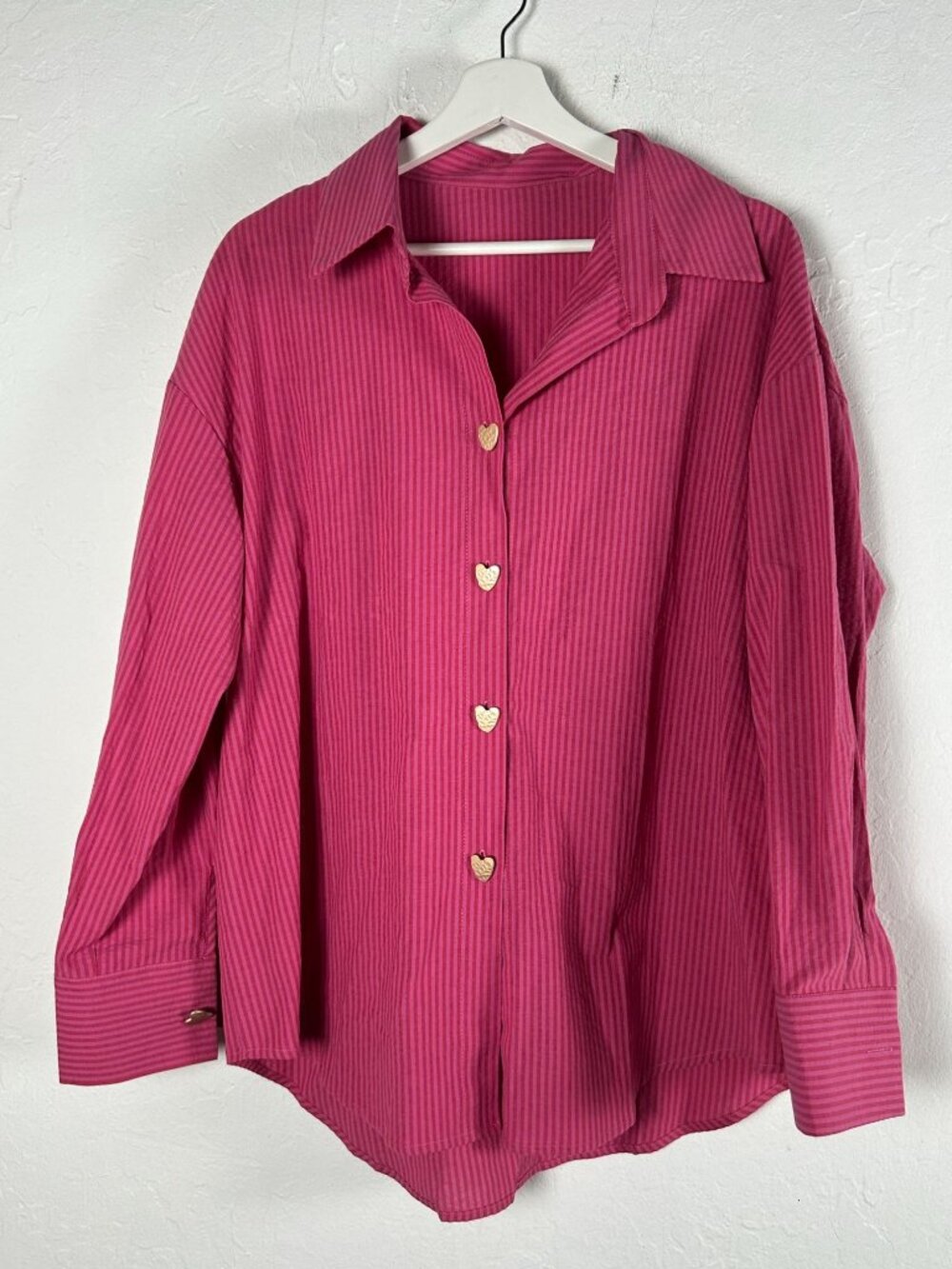 Women's Heart-Shaped Buttons Long-Sleeve Red Striped Shirt Large Collared Casual